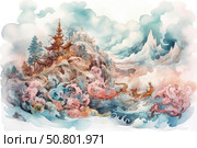 A watercolor fantasy illustration in oriental style depicting a mountain landscape with a pagoda on top of the rocks. At the foot of the sea is a stormy and colorful sea, forming waves of curls of pink, blue and golden shades. In the water are two mythical oriental dragons, gracefully emerging from the foam. In the background, majestic peaks rise, partially hidden in the clouds. The painting conveys a sense of a fairy tale, the energy of nature and mythology, combining elements of Chinese and Japanese painting. Стоковое AI-изображение, AI-художник Анна Кривицкая / Фотобанк Лори
