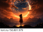 A fantastic scene depicting a silhouette of a girl standing on the edge of a rocky cliff, looking at a giant planet or moon that takes up most of the sky. The landscape is shrouded in fiery orange clouds, glowing sparks and a magical glow. The atmosphere of the frame is majestic, inspiring and slightly apocalyptic. The picture combines elements of science fiction, fantasy and cosmic mysticism, evoking a feeling of loneliness, hope and a premonition of a new era. Стоковое AI-изображение, AI-художник Анна Кривицкая / Фотобанк Лори