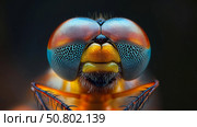 Detailed close-up of a vibrant dragonfly showcasing intricate eye. Стоковое AI-изображение, AI-художник Михаил Коханчиков / Фотобанк Лори