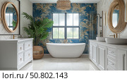 Elegant modern bathroom interior with a white bathtub and luxurious vanity. Стоковое AI-изображение, AI-художник Михаил Коханчиков / Фотобанк Лори