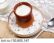 Portion of freshly made homemade cottage cheese is served in earthenware dish. Стоковое фото, фотограф Яков Филимонов / Фотобанк Лори