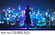A woman stands on a rooftop looking out over a city. Стоковое AI-видео, аниматор Виктория Кольцова / Фотобанк Лори