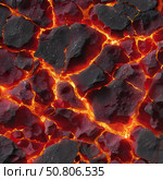 Close-up view of molten lava and black rocks: fiery cracks and intense heat. Стоковое AI-изображение, AI-художник Olga Didraga / Фотобанк Лори