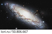 Spiral galaxy with bright core surrounded by distant stars. Стоковое AI-видео, аниматор Андрей Бажанов / Фотобанк Лори
