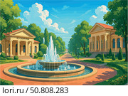 Bright cityscape of Essentuki with fountains and spa architecture. Стоковое AI-изображение, AI-художник Максим Гребешков / Фотобанк Лори