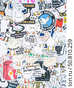 Novosibirsk, Russia - May 30, 2025: Vinyl stickers featuring humorous and viral goose memes in a fun and playful style. These designs showcase funny goose illustrations, meme captions, exaggerated expressions. Редакционное фото, фотограф Виталий Сова / Фотобанк Лори