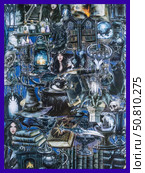 Novosibirsk, Russia - May 30, 2025: Vinyl stickers featuring mystical and enchanting witch-inspired designs in a dark, elegant style. These stickers depict cauldrons, spellbooks, crescent moons, pentagrams, magical symbols, and mysterious figures adorned with robes and hats. Редакционное фото, фотограф Виталий Сова / Фотобанк Лори