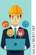 HSE Concept for Workplace Health and Safety. Businessman using laptop with icons representing health, safety, and environmental protection, illustrating HSE management system in business process. Стоковое AI-изображение, AI-художник Sergey Grishin / Фотобанк Лори