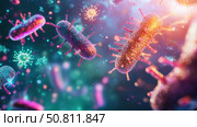 Colorful bacteria are actively engaged with antibodies, Стоковое AI-изображение, AI-художник Anastasy Yarmolovich / Фотобанк Лори