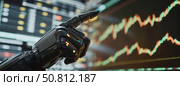 A Futuristic Robotic Hand Engaged in Analyzing and Interpreting Stock Market Trends for Investment Insights. Стоковое AI-изображение, AI-художник Anastasy Yarmolovich / Фотобанк Лори