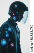 Casually dressed sad looking man in a large helmet with bright stars and galaxies projected on the shield and behind his back with white background in front of him. Double exposure. Стоковое AI-видео, аниматор Sergey Grishin / Фотобанк Лори