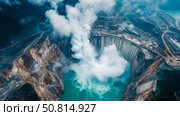 Grand Hydro Structure: A towering dam nestled between rocky landscapes, releasing plumes of mist into the crisp atmosphere. Стоковое AI-изображение, AI-художник Данила Большаков / Фотобанк Лори