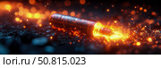 Fiery Combustion: Intense metallic core, ablaze in a burst of radiant, golden light, creating a mesmerizing spectacle of energy and elemental transformation. Стоковое AI-изображение, AI-художник Данила Большаков / Фотобанк Лори
