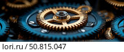 Mechanical heart: Intricate internal mechanism of a timepiece with interlocked cogwheel for clock repair, workshop, or engineering concept. Стоковое AI-изображение, AI-художник Данила Большаков / Фотобанк Лори