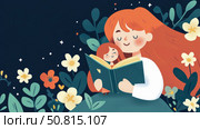 A heartwarming tale: Mother reads to child in floral garden at night, nurturing dreams & imagination - Design for children's book, poster. Стоковое AI-изображение, AI-художник Данила Большаков / Фотобанк Лори