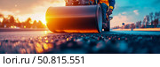Roadwork at Sunset: Compacting Asphalt with Steamroller, a Construction & Transportation Scene. Стоковое AI-изображение, AI-художник Данила Большаков / Фотобанк Лори