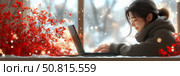 Winter Solitude: A woman working on her laptop with red leaves and gentle snowfall, evokes a cozy and productive holiday season indoors. Стоковое AI-изображение, AI-художник Данила Большаков / Фотобанк Лори