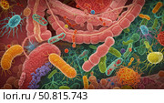 Microscopic view of gut microbiome with beneficial and harmful bacteria. Intestine health system and human body microflora concept. Стоковое AI-изображение, AI-художник Анжелика Самсонова / Фотобанк Лори