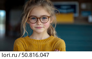 Confident young girl portrait with glasses, education concept, design for children books. Стоковое AI-изображение, AI-художник Данила Большаков / Фотобанк Лори