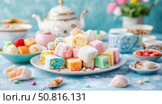 Assorted Turkish Delight on a Plate with Teapot, a Tempting Confectionery Still Life. Стоковое AI-изображение, AI-художник Данила Большаков / Фотобанк Лори