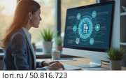 Process automation to efficiently manage files. Businesswoman working on laptop with virtual screen. Online documentation database and document management system concept. Стоковое AI-видео, аниматор Sergey Grishin / Фотобанк Лори