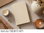 Back to life, goal list concept. Woman's hand writing in empty notebook on wooden table. Resolutions, plan, goals, checklist, idea concept. Top view, flat lay, copy space. 2026. Christmas, New Year. Стоковое AI-изображение, AI-художник Марина Демидюк / Фотобанк Лори