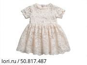 Baby girl lace dress isolated on white background. Fashion Clothes for Children. White kids dress with floral pattern, short sleeves. Cute ivory dress for little daughter. Babyhood, clothing concept. Стоковое AI-изображение, AI-художник Марина Демидюк / Фотобанк Лори