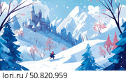 Winter Journey: A lone figure traverses a snowy landscape toward a distant, magical castle. Стоковое AI-изображение, AI-художник Данила Большаков / Фотобанк Лори