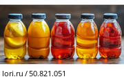 Refreshing Summer Beverages: Row of colorful cool drinks bottled for picnic or on the go refreshment. Стоковое AI-изображение, AI-художник Данила Большаков / Фотобанк Лори