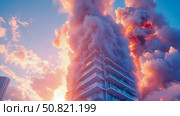 High-Rise Inferno: Catastrophic Building Fire With Billowing Smoke and Intense Flames Engulfing Structure Against Blue Sky. Стоковое AI-изображение, AI-художник Данила Большаков / Фотобанк Лори