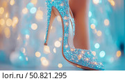 Cinderella's slipper: A turquoise glittery high heel shoe on a dreamy bokeh light , perfect for print or glamourous celebration. Стоковое AI-изображение, AI-художник Данила Большаков / Фотобанк Лори