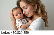 Young mother holding her newborn son in her arms. A child looks into a camera. Isolated, portrait on white background. Стоковое AI-изображение, AI-художник Ирина Гильмуллина / Фотобанк Лори