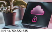 Laptop displaying cloud security interface on screen with green plant background. Стоковое AI-видео, аниматор Анастасия Золотницкая / Фотобанк Лори