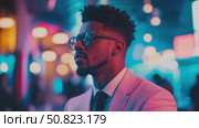 Contemplative Gentleman in Neon Glow. Стоковое AI-видео, аниматор Данила Большаков / Фотобанк Лори