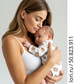 Young mother holding her newborn son in her arms. Looking at the child with tenderness. Isolated, portrait on white background. Стоковое AI-изображение, AI-художник Ирина Гильмуллина / Фотобанк Лори