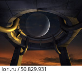 A crescent moon shines through a monumental launch site. Стоковое фото, фотограф Steven Hobbs/Stocktrek Images / ТАСС / Фотобанк Лори