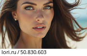 Beauty portrait of a brunette woman with flying hair in the wind. Professional makeup, perfect face of a sexy woman. Стоковое AI-видео, аниматор Sergey Grishin / Фотобанк Лори