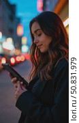 Beautiful and inspiring young woman over epic night city background. Millennial female with screen lit face, doomsurfing and doomscrolling, cool trendy teenager looking woman. Smartphone application. Стоковое AI-видео, аниматор Sergey Grishin / Фотобанк Лори