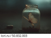 Glass jar containing a delicate butterfly resting inside on a dark surface during twilight. Стоковое AI-изображение, AI-художник Сергей Толмачёв / Фотобанк Лори