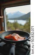 Close up on frying pan with organic salmon prepared in inside camper van on campsite in mountains or forest. Life on the road, camper van lifestyle outdoors vibes. Prepare food in van. Стоковое AI-видео, аниматор Sergey Grishin / Фотобанк Лори