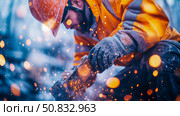 Industrial Might: Construction Worker Grinding Metal, Showcasing Precision and Safety with Flying Sparks. Стоковое AI-изображение, AI-художник Данила Большаков / Фотобанк Лори