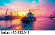 Industrial Harmony: A Tugboat Navigates the Harbor at Sunset, with Cranes Silhouetted Against a Colorful Sky. Стоковое AI-изображение, AI-художник Данила Большаков / Фотобанк Лори