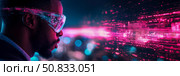 Metaverse immersion: An african man wearing smart glasses exploring a neon data stream, revealing the future of augmented mixed reality. Стоковое AI-изображение, AI-художник Данила Большаков / Фотобанк Лори