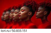 Scarlet Cascade: An artistic portrait with synchronized figures in monochromatic red ambiance, for impactful social media visibility. Стоковое AI-изображение, AI-художник Данила Большаков / Фотобанк Лори