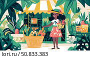Summer outing: A woman shops at a tropical plants and fruits market stand. Стоковое AI-изображение, AI-художник Данила Большаков / Фотобанк Лори