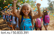 Back to School Celebration: Children rejoice with confetti on their way to school, enjoying the start of a new academic year. Стоковое AI-изображение, AI-художник Данила Большаков / Фотобанк Лори