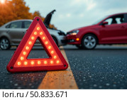 Автомобильная авария на дороге и знак аварийной остановки. A car accident on the road and an emergency stop sign. Стоковое AI-изображение, AI-художник Смирнова Светлана / Фотобанк Лори
