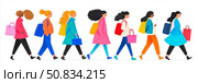 Fashionable Friends: A Diverse Group of Women Walking with Shopping Bags, Promoting Inclusivity and Style Choices. Стоковое AI-изображение, AI-художник Данила Большаков / Фотобанк Лори