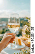 Refreshing Moment: A glass of bubbly chilled white wine with cheese on a sunny day. Стоковое AI-изображение, AI-художник Данила Большаков / Фотобанк Лори