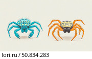 Two fanciful spiders of turquoise and tangerine. Стоковое AI-изображение, AI-художник Данила Большаков / Фотобанк Лори